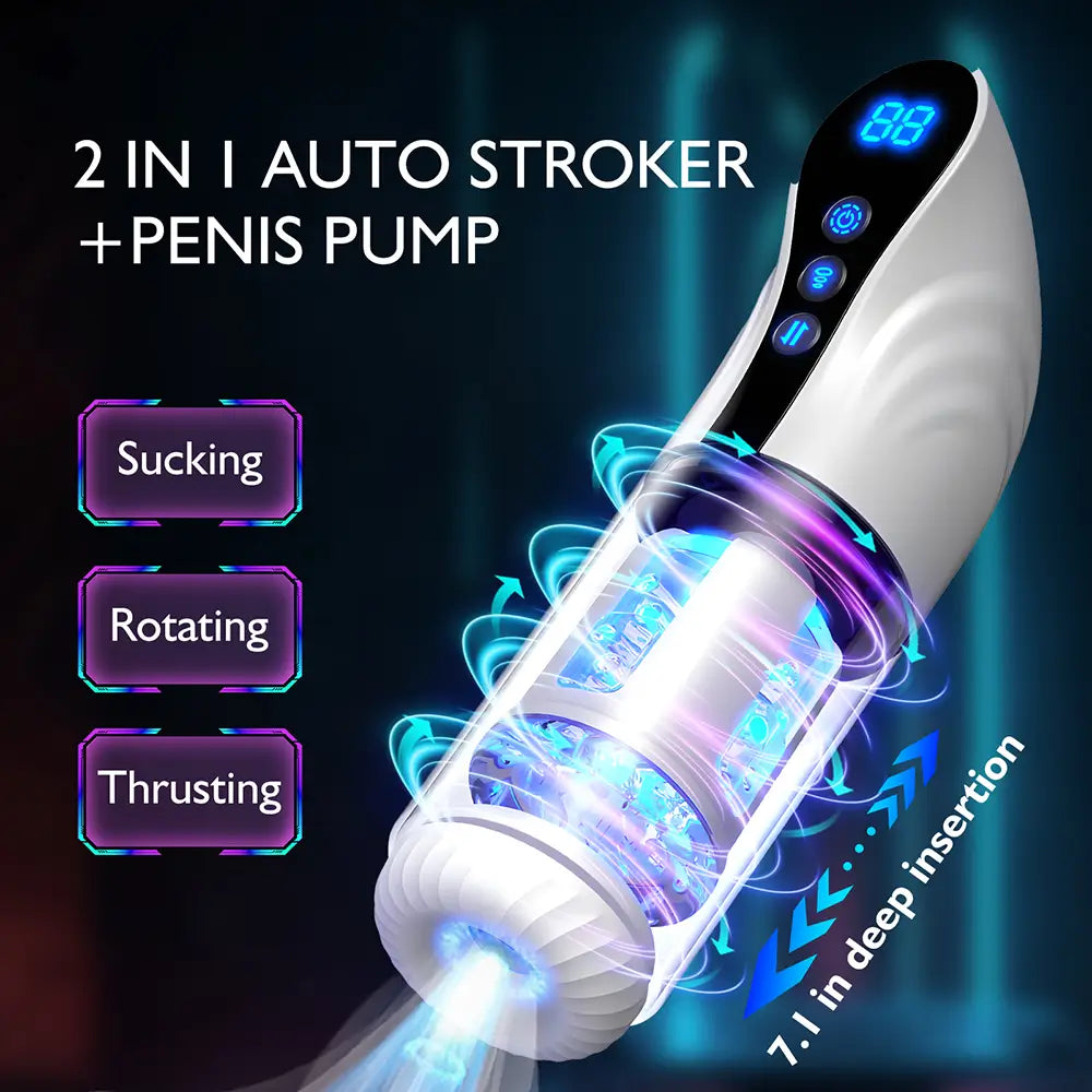 2-in-1 auto stroker and penis pump with sucking, rotating, and thrusting functions