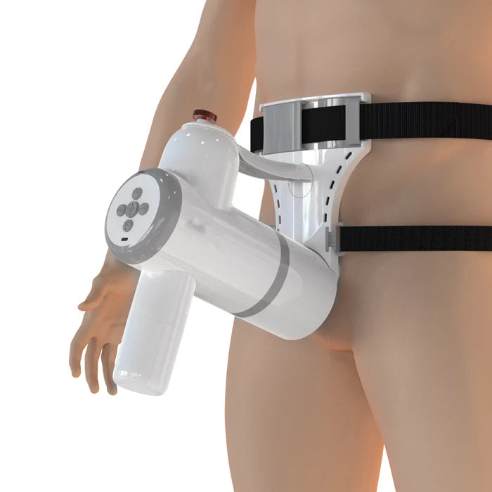 Sex toy with adjustable strap, mounted on the body for hands-free experience.