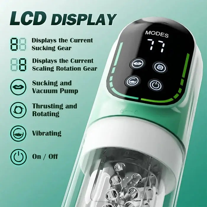 LCD display showing modes and settings for suction, rotation, thrusting, vibrating, and vacuum pump functions.