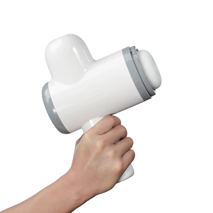 User holding sex toy, handheld design with easy-to-use features for discreet pleasure.