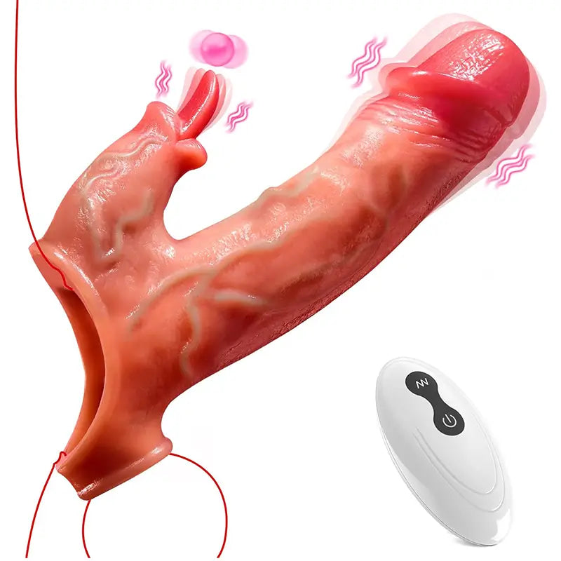 7.8" x 1.6" Tongue Licking Remote Control 8 Modes Vibrating Cock Sheath