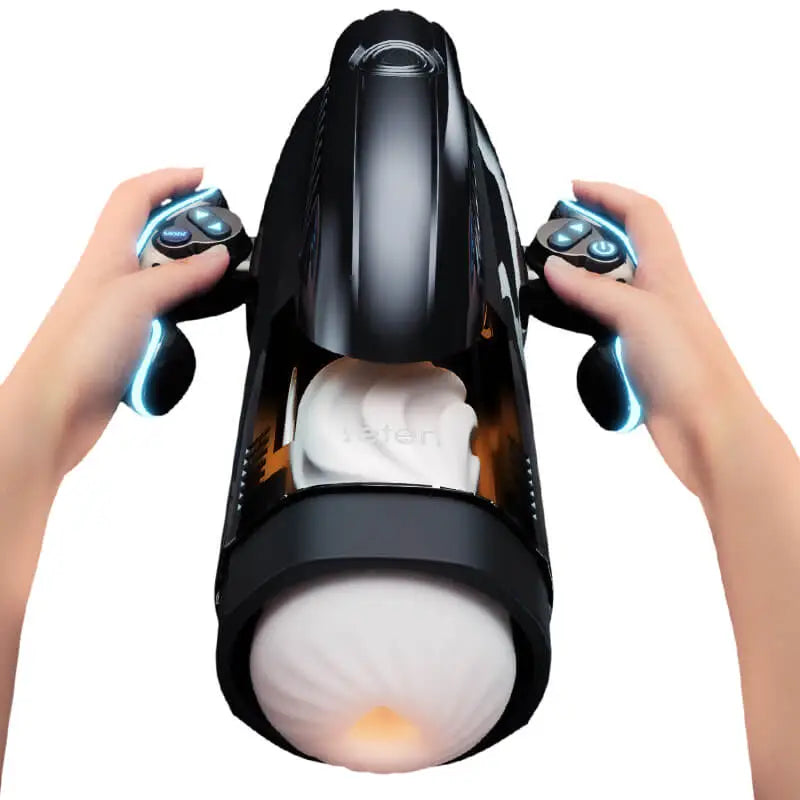 Leten Bermuda Storm male stroker in use, showcasing dual handles for precise control and thrusting adjustments during play