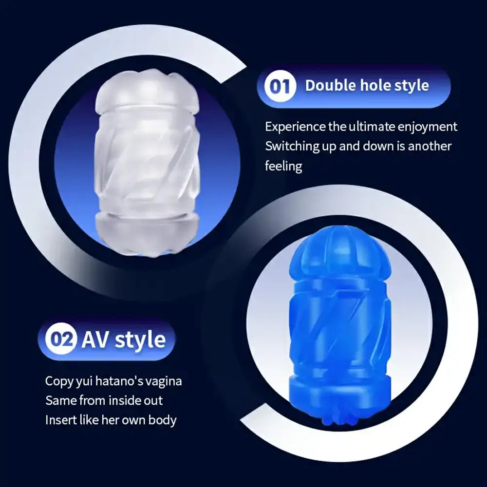Leten Cannon King Pro male masturbator with phone holder and two interchangeable soft sleeves in clear and blue